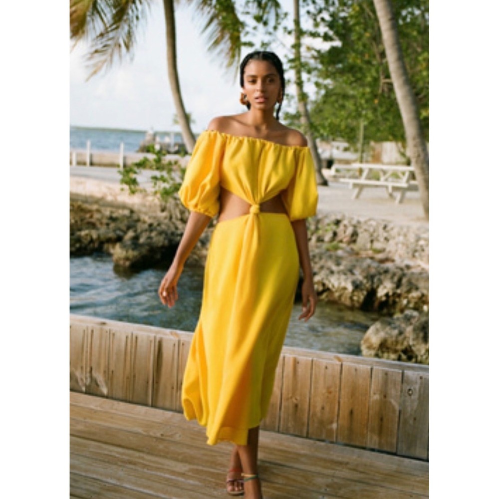 Farm Rio Yellow Linen Cutout Puff Sleeve Off Shoulder Midi Knot Dress NWT Med - Picture 2 of 7